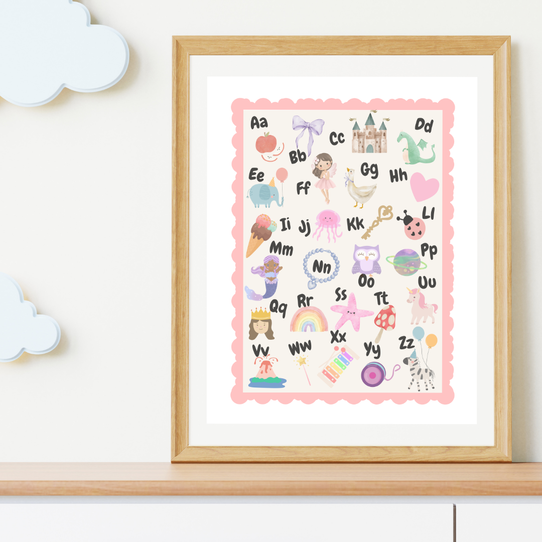 ABC Adventures Alphabet Poster Pink– Cute Educational Wall Art for Kids, Nursery & Playroom Decor