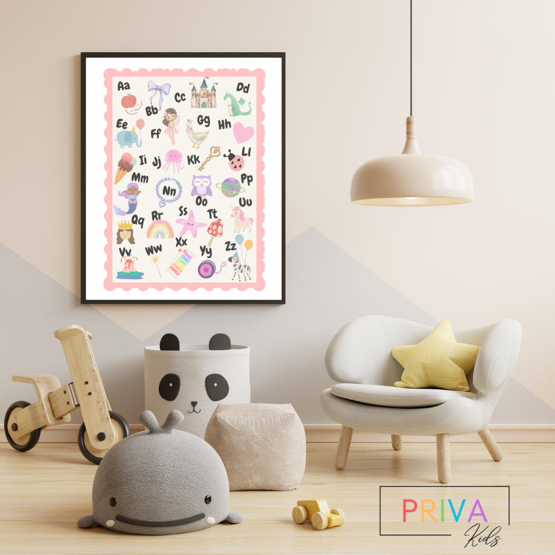 ABC Adventures Alphabet Poster Pink– Cute Educational Wall Art for Kids, Nursery & Playroom Decor