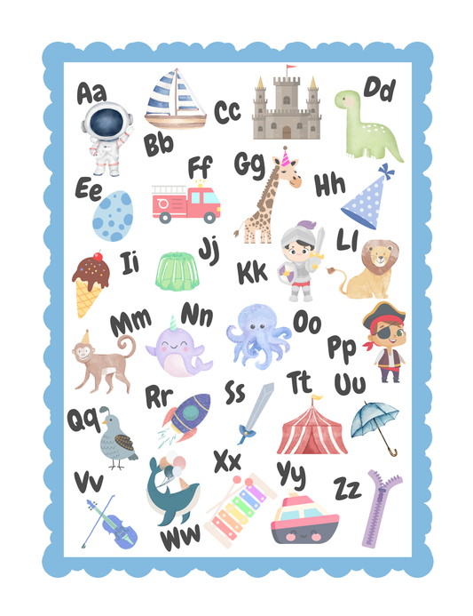 ABC Adventures Alphabet Poster Blue– Cute Educational Wall Art for Kids, Nursery & Playroom Decor