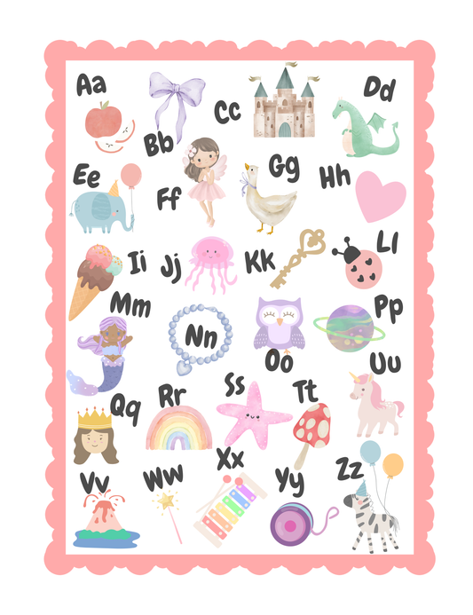 ABC Adventures Alphabet Poster Pink– Cute Educational Wall Art for Kids, Nursery & Playroom Decor