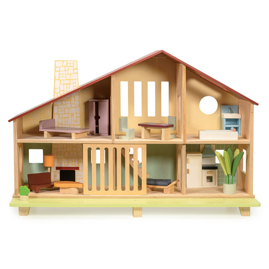Cedar Chalet – Wooden Pretend Play Dollhouse (Furniture Included)