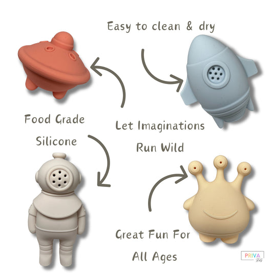 A fun, space-themed promotional graphic for PRIVA Kids featuring four soft silicone toys: a red flying saucer, a light blue rocket, a cream-colored astronaut, and a yellow alien with three eyes. Each toy includes a small speaker-like hole pattern. Playful text surrounds the toys with phrases: “Easy to clean & dry,” “Let Imaginations Run Wild,” “Great Fun For All Ages,” and “Food Grade Silicone.” Arrows connect the phrases in a circular flow. The PRIVA Kids logo appears in the bottom right corner. The design