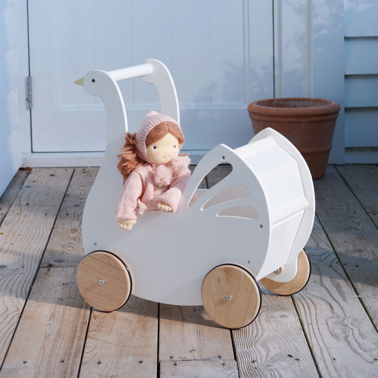 Sweet Swan Pram – Wooden Doll Pram & Push Toy for Toddlers