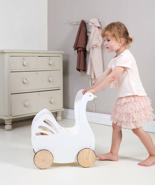 Sweet Swan Pram – Wooden Doll Pram & Push Toy for Toddlers