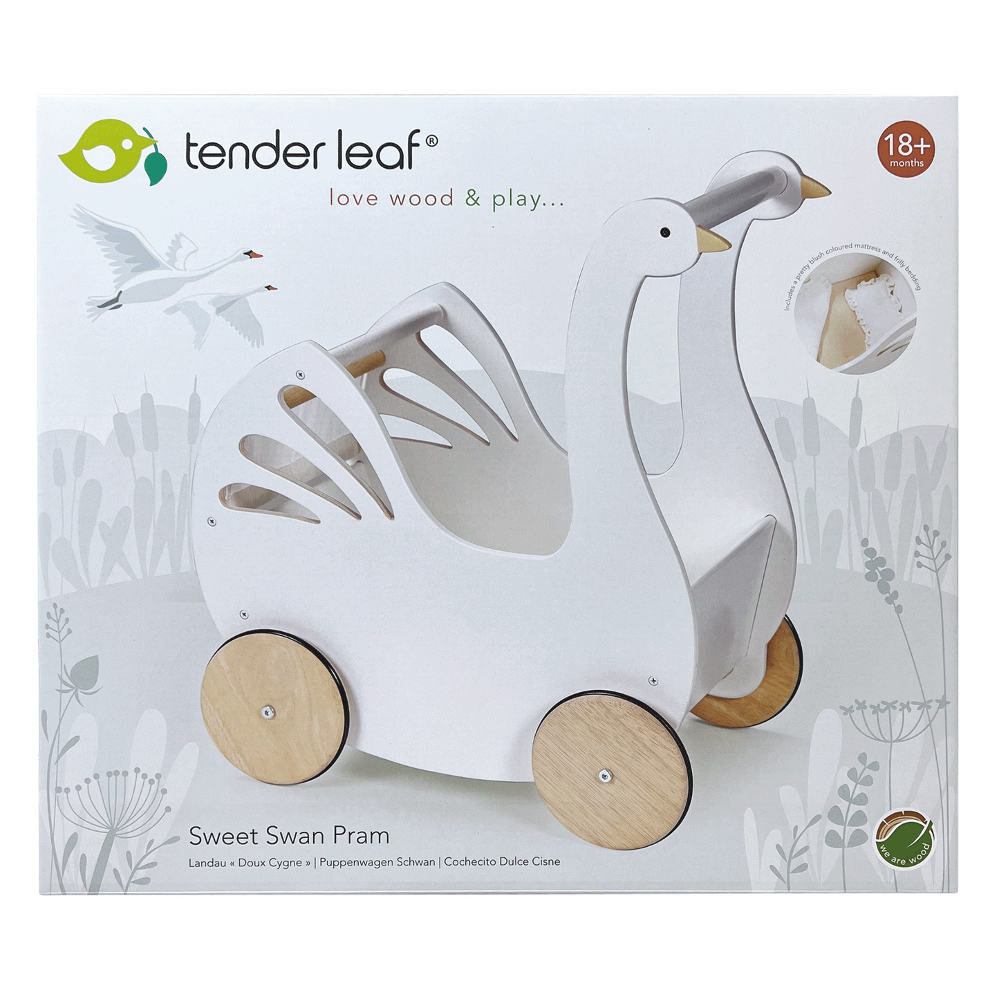 Sweet Swan Pram – Wooden Doll Pram & Push Toy for Toddlers