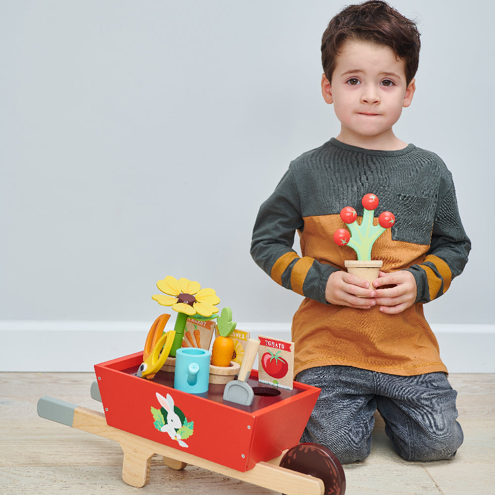 Wooden Garden Wheelbarrow Set – Pretend Play Gardening Toy for Kids