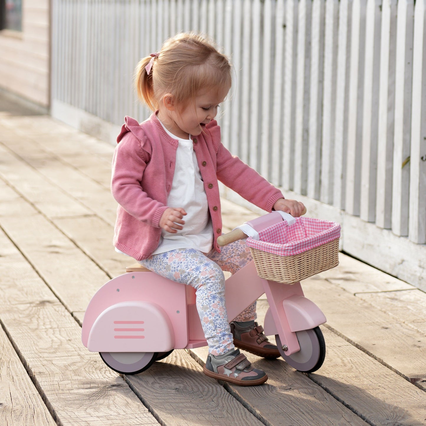 Wooden Pink Ride-On Scooter With Basket– Toddler Balance & Pretend Play Toy
