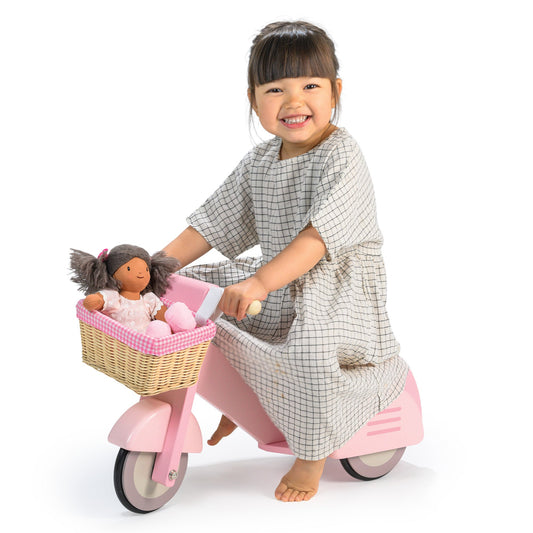 Wooden Pink Ride-On Scooter With Basket– Toddler Balance & Pretend Play Toy