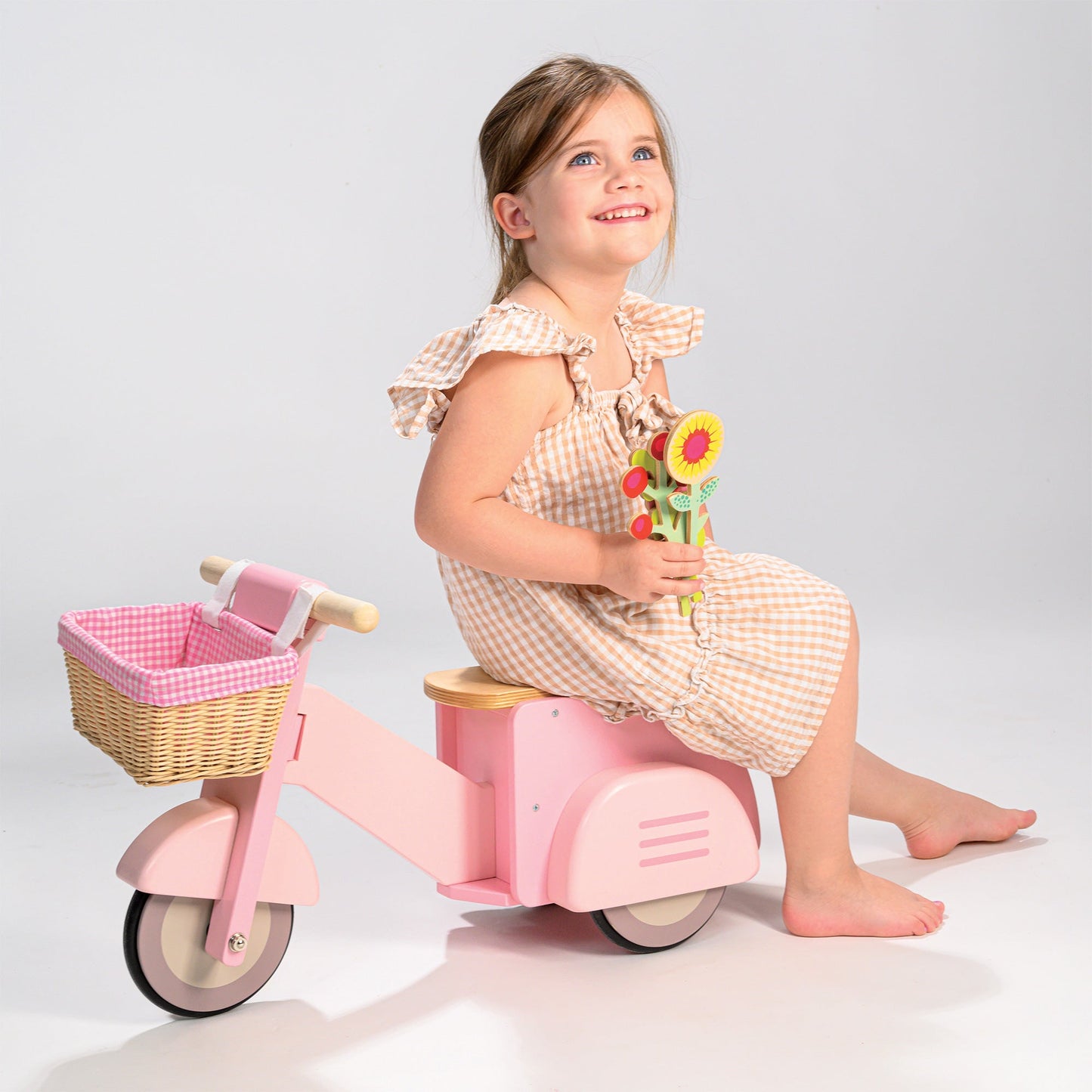 Wooden Pink Ride-On Scooter With Basket– Toddler Balance & Pretend Play Toy
