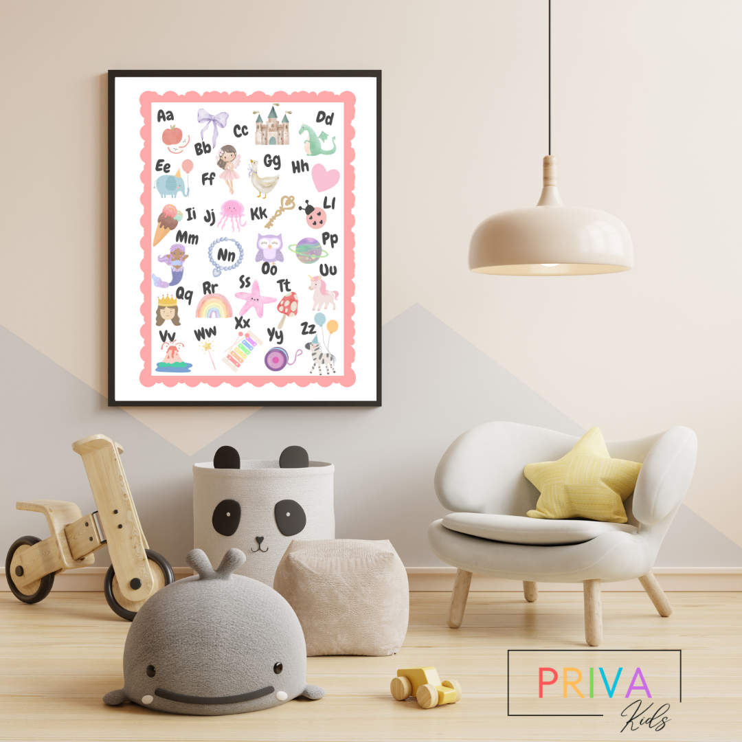 ABC Adventures Alphabet Poster Pink– Cute Educational Wall Art for Kids, Nursery & Playroom Decor