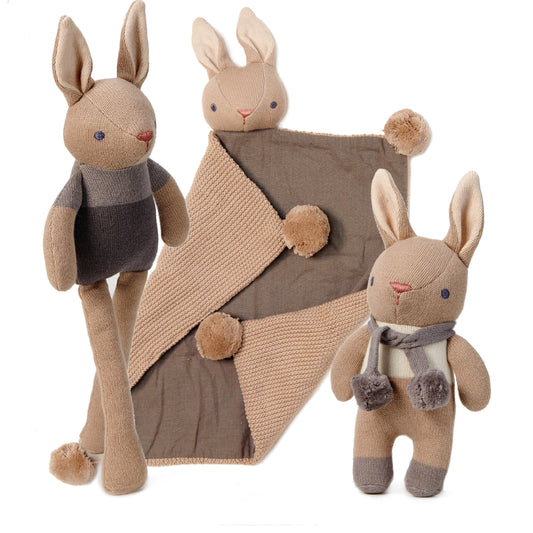 Organic Baby Comforter, Rattle & Doll Set in Taupe + Gift Box
