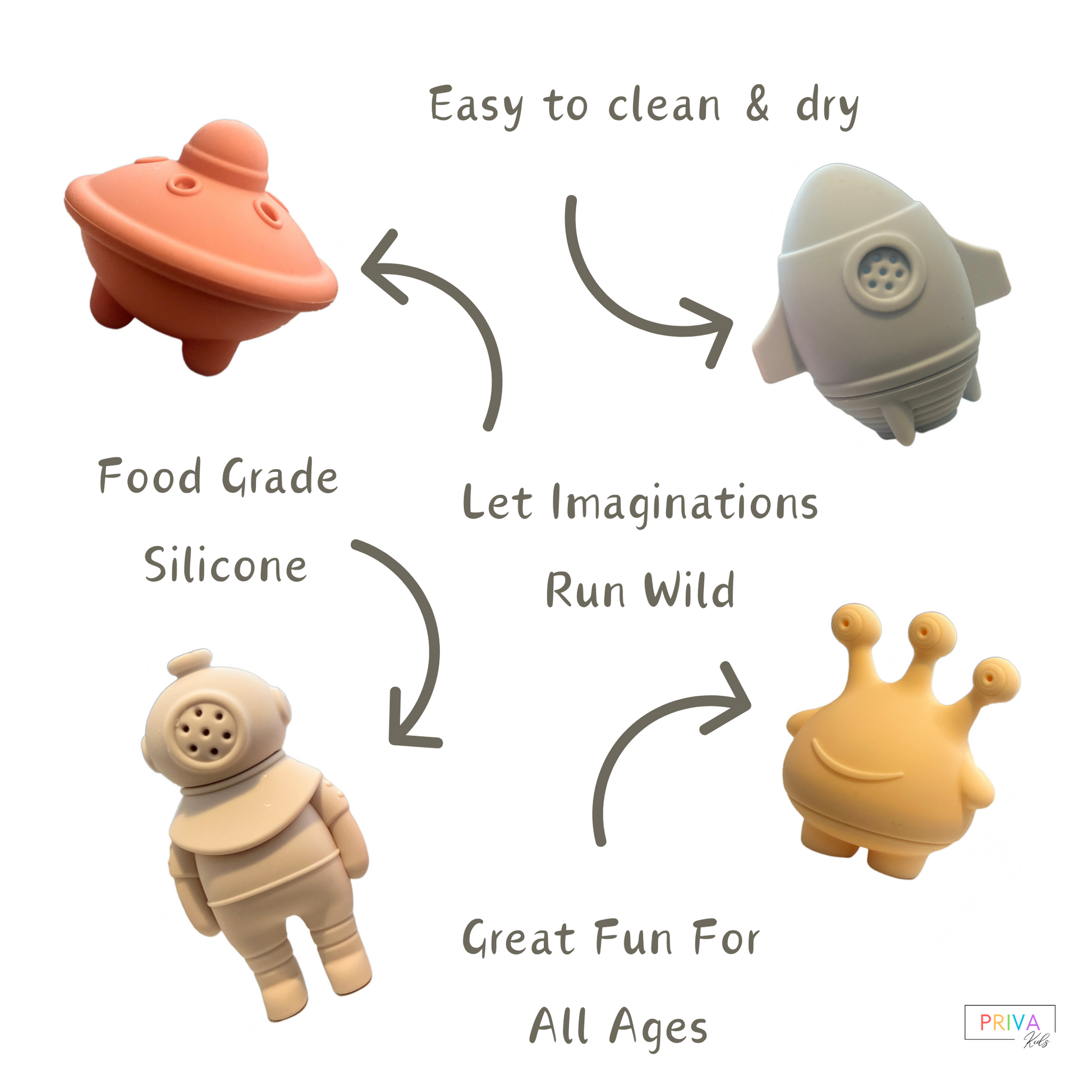 Set of four pastel space-themed silicone bath toys with labeled benefits: food-grade silicone, easy to clean and dry, great fun for all ages, and encourages imaginative play – Priva Kids
