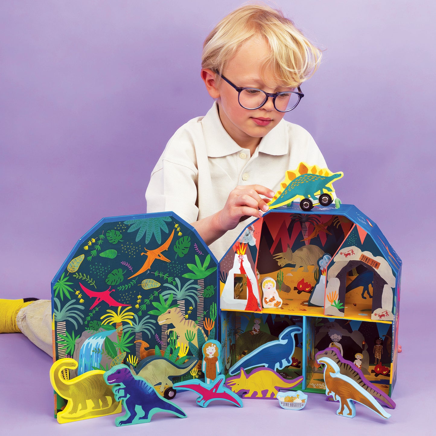 Floss & Rock Dinosaur Play Box with Wooden Pieces | Portable Kids Travel Toy