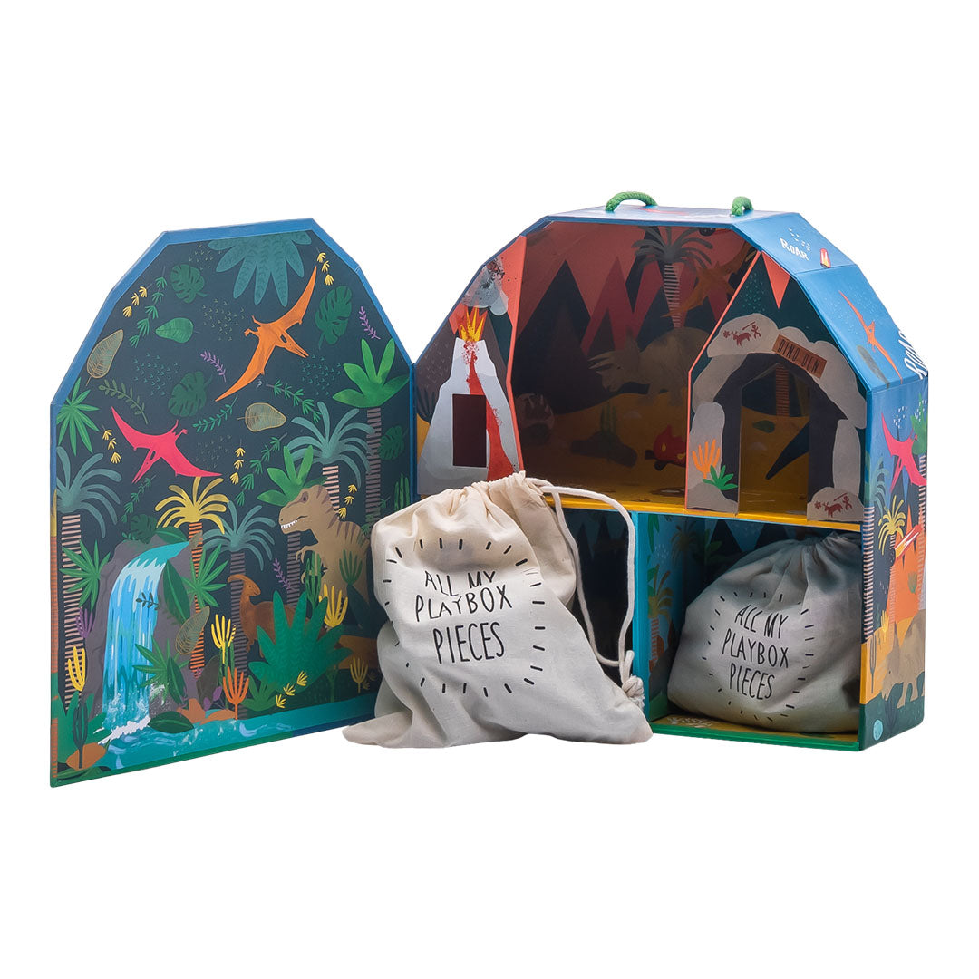 Floss & Rock Dinosaur Play Box with Wooden Pieces | Portable Kids Travel Toy