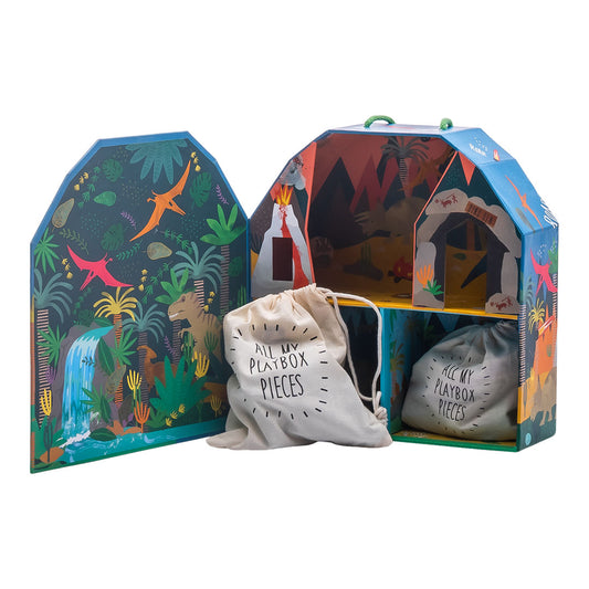 Floss & Rock Dinosaur Play Box with Wooden Pieces | Portable Kids Travel Toy