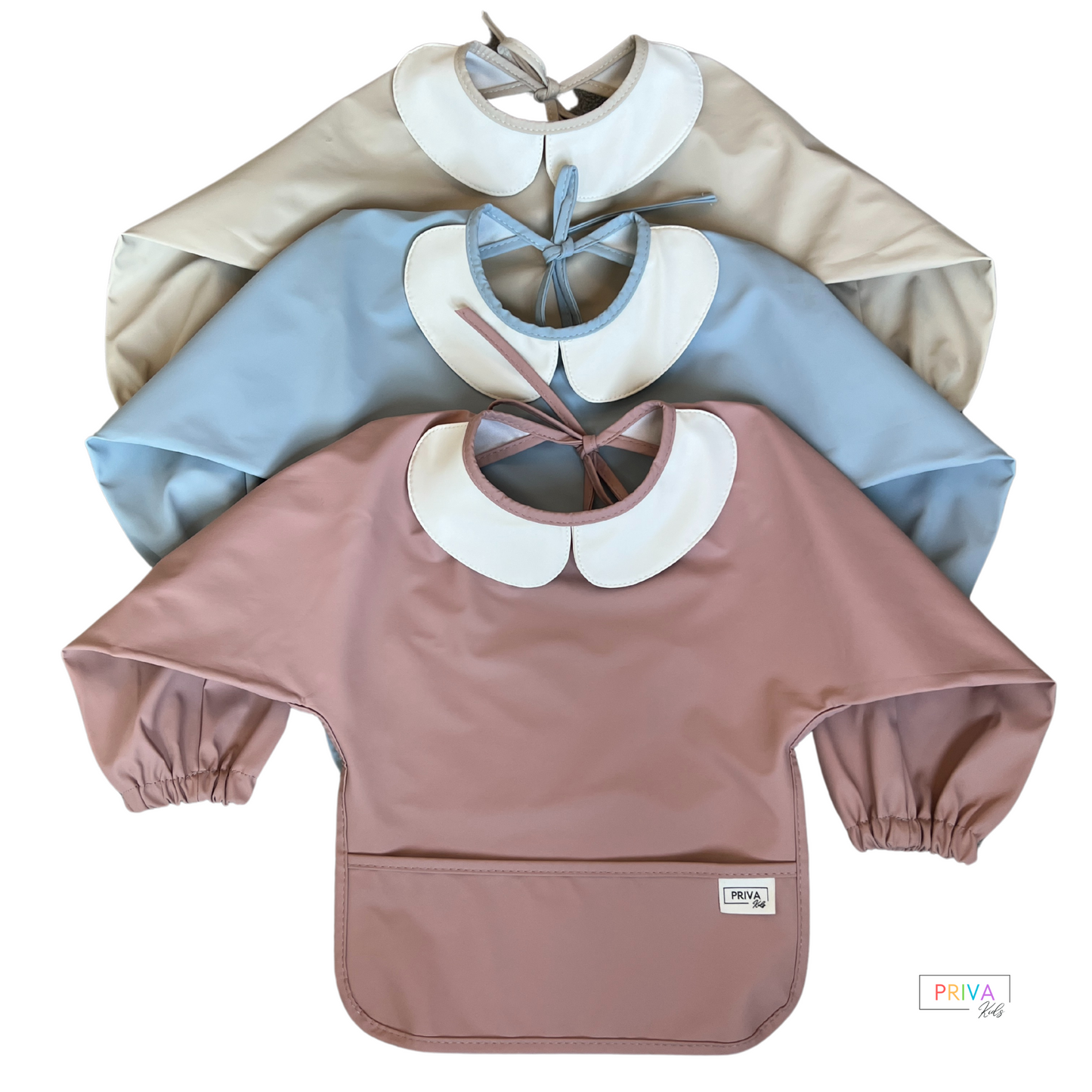 Cute waterpoof baby bib with charming collar design, deep food catcher, and adjustable fit – ideal for stylish and practical feeding. in three shades, dusky pink, sky blue and cool beige 