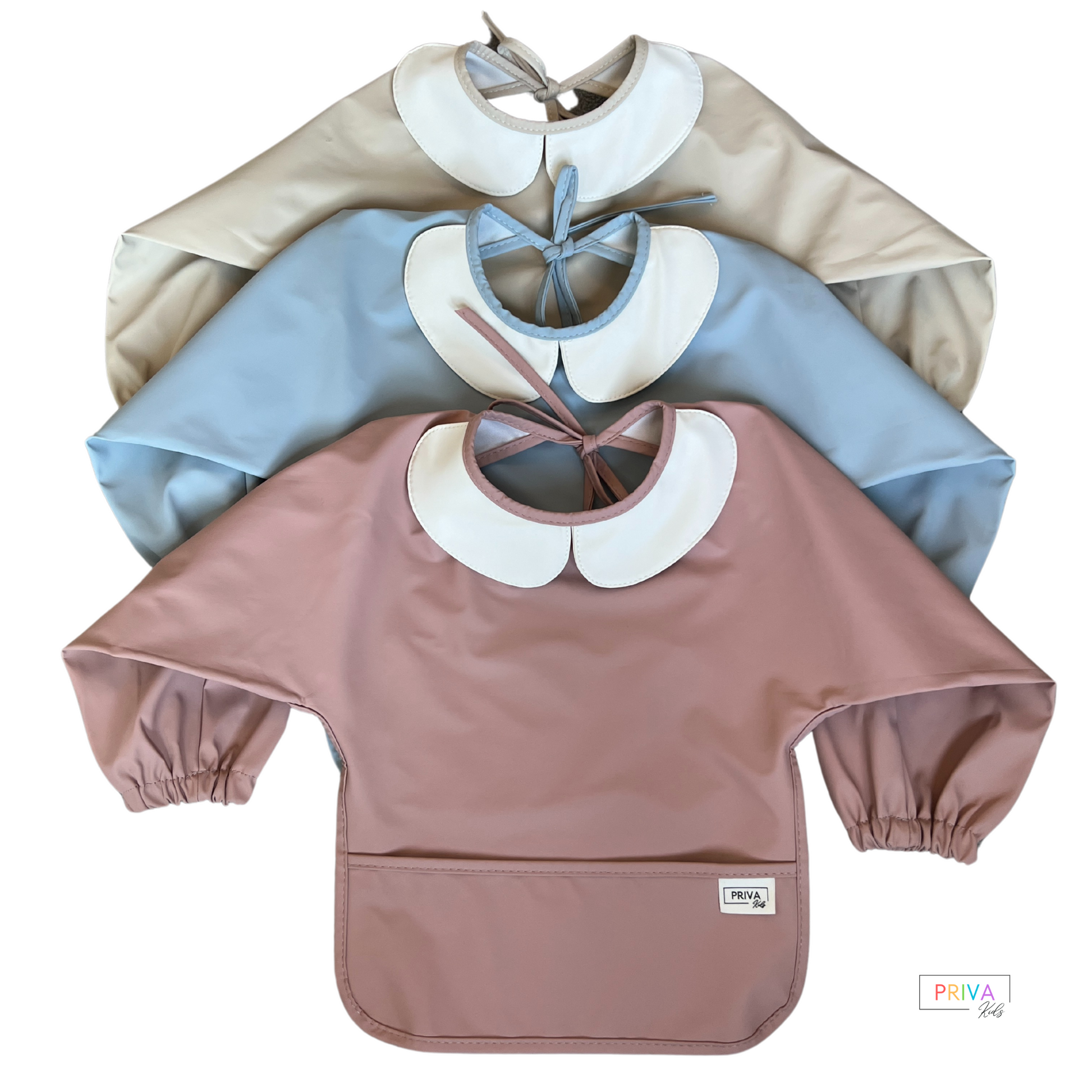 Cute waterpoof baby bib with charming collar design, deep food catcher, and adjustable fit – ideal for stylish and practical feeding. in three shades, dusky pink, sky blue and cool beige 
