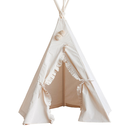 Beige and white teepee tent with decorative elements on a white background