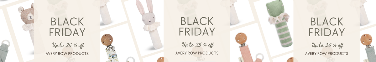 Black Friday sale banner with baby products and discounts on a white background