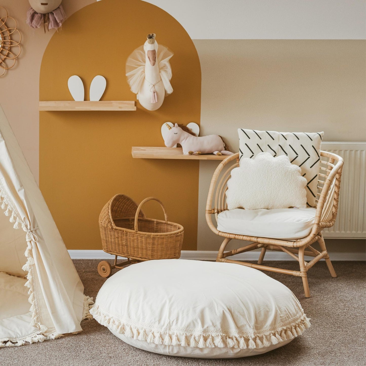 MINICAMP Large Floor Cushion with Tassels in Ecru