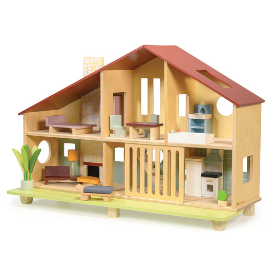 Cedar Chalet – Wooden Pretend Play Dollhouse (Furniture Included)