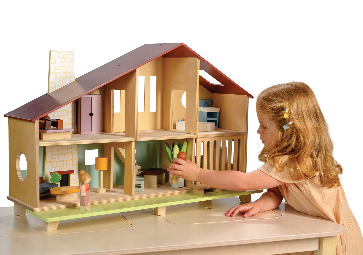 Cedar Chalet – Wooden Pretend Play Dollhouse (Furniture Included)