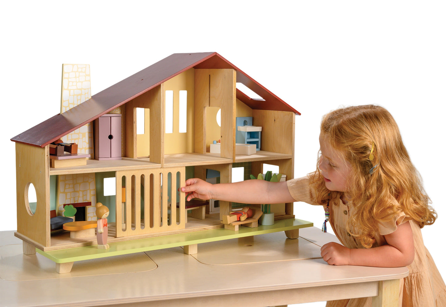 Cedar Chalet – Wooden Pretend Play Dollhouse (Furniture Included)