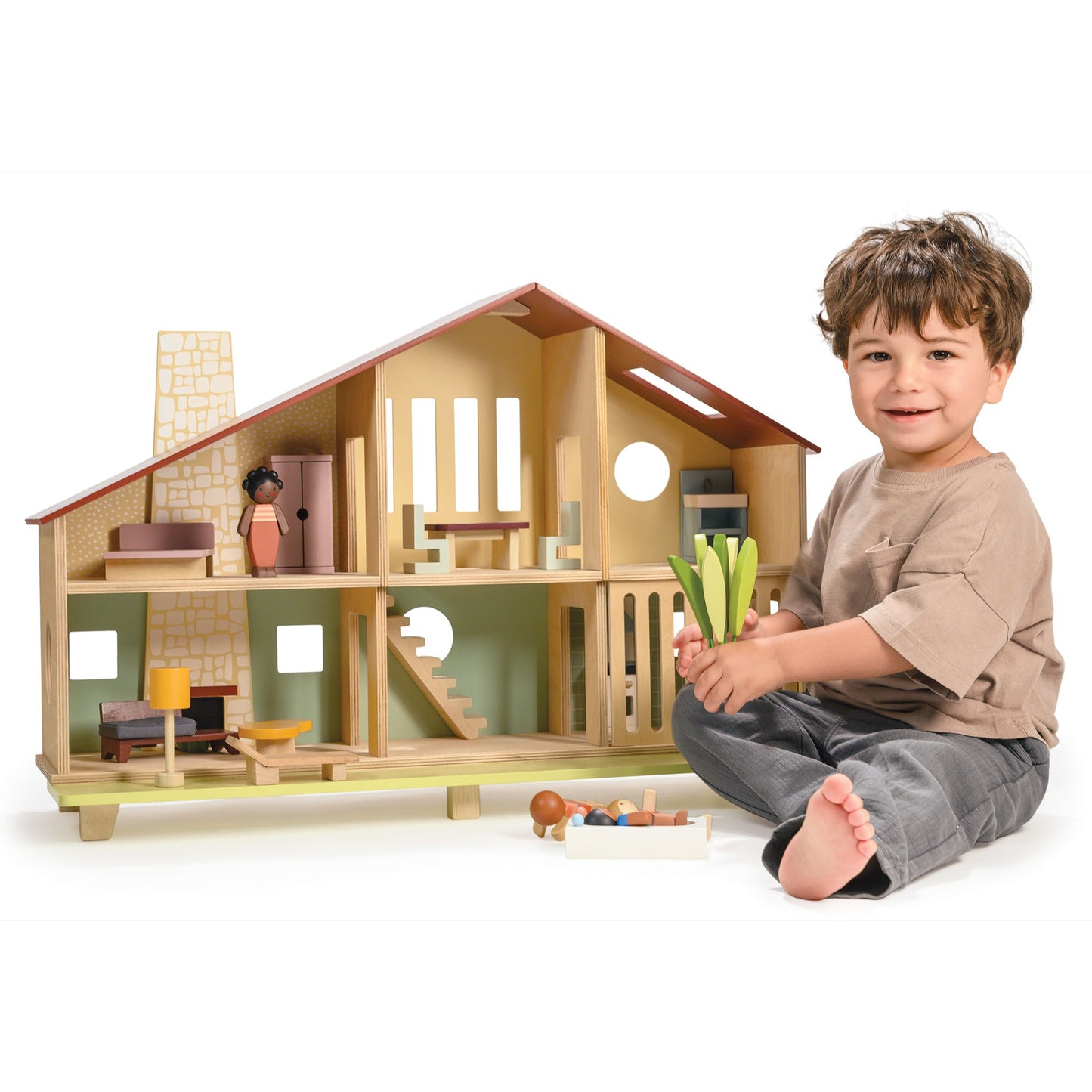 Cedar Chalet – Wooden Pretend Play Dollhouse (Furniture Included)