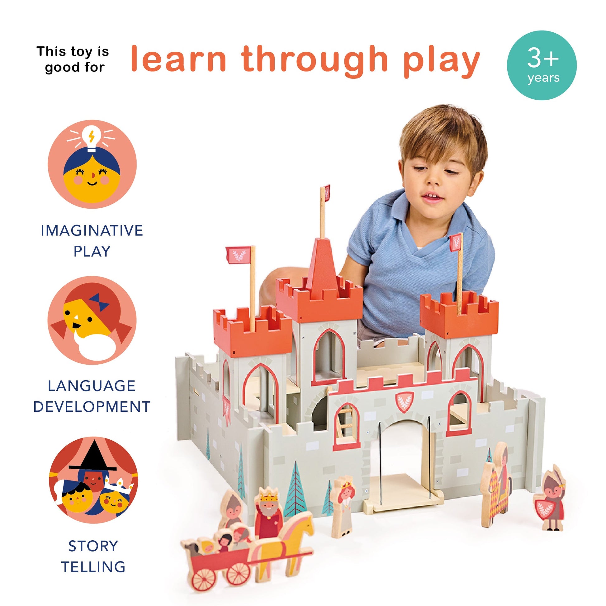 Child playing with a toy castle set against a white background, with text indicating benefits of the toy.