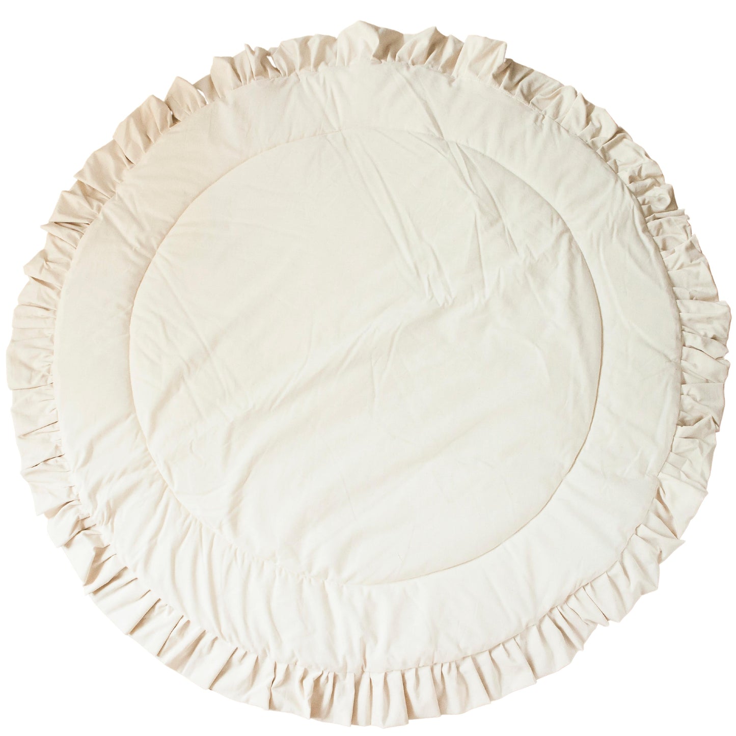 Round beige cushion with ruffled edge on a white background