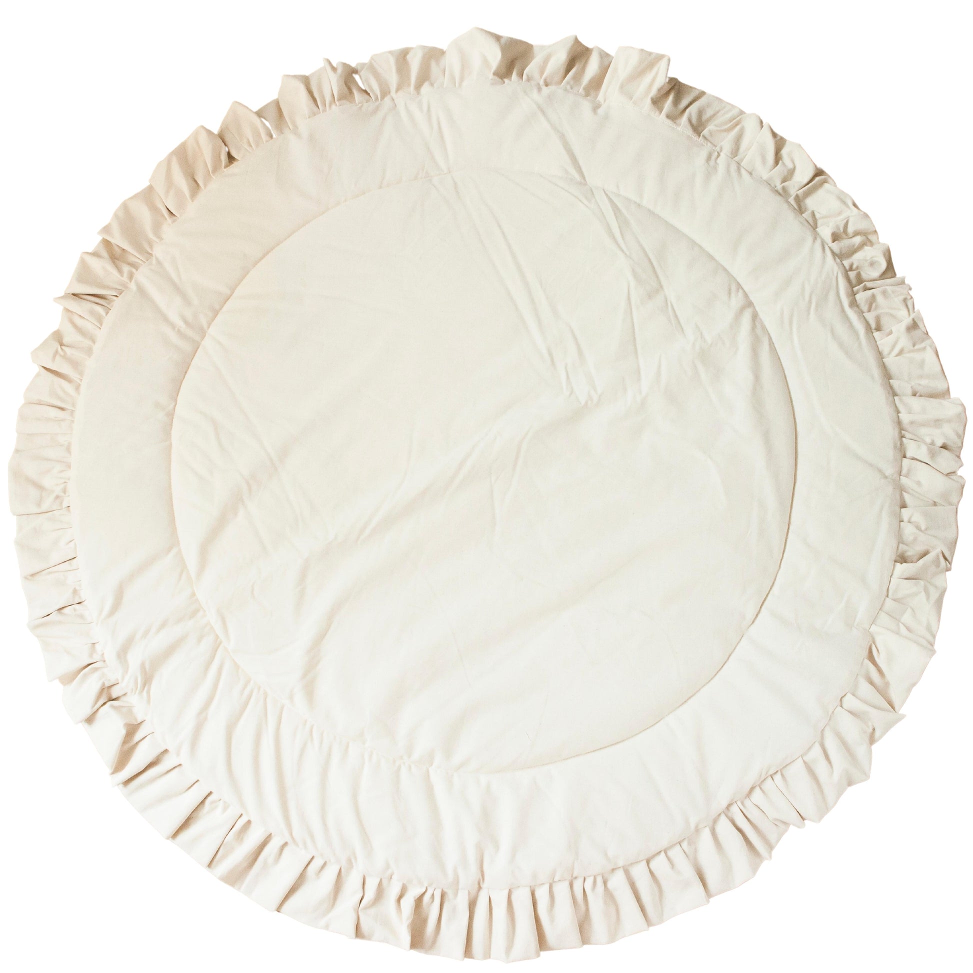 Round beige cushion with ruffled edge on a white background