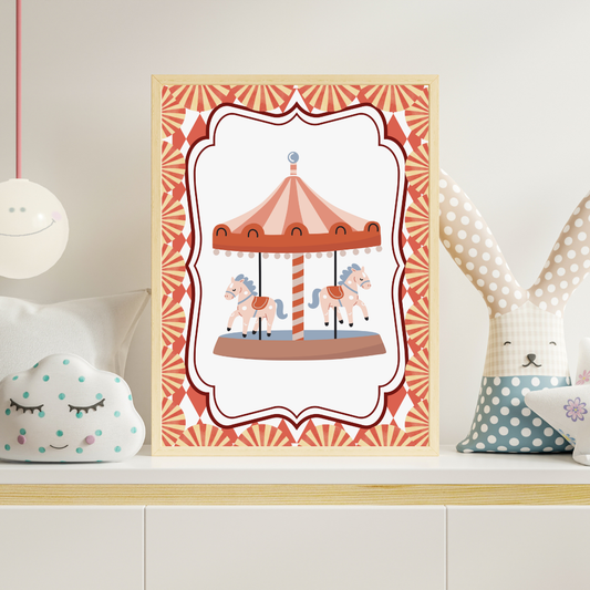 Circus carousel nursery wall art printable in soft vintage colours for kids room decor