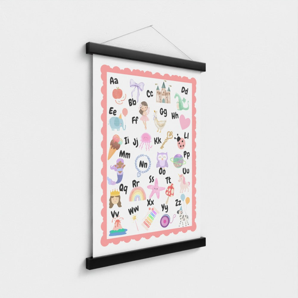 ABC Alphabet Nursery Wall Art – Print & Wooden Hanger Pink