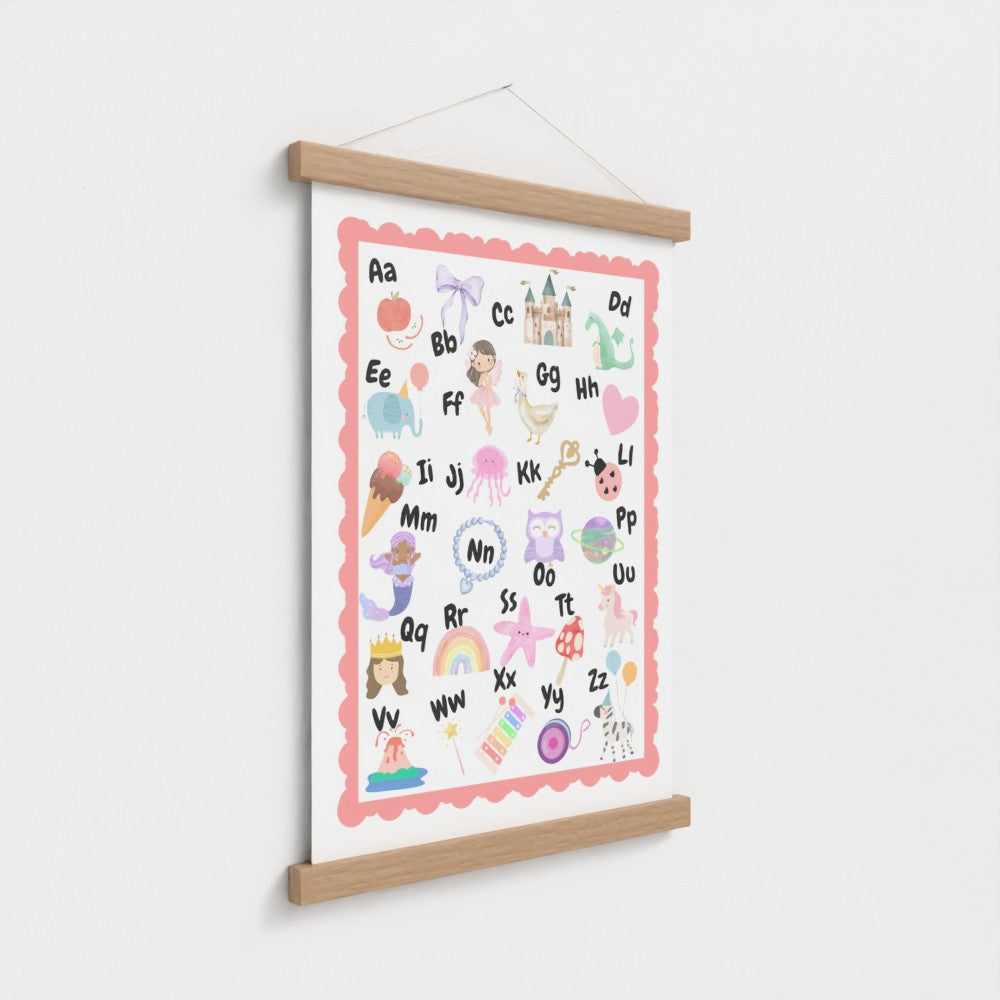 ABC Alphabet Nursery Wall Art – Print & Wooden Hanger Pink