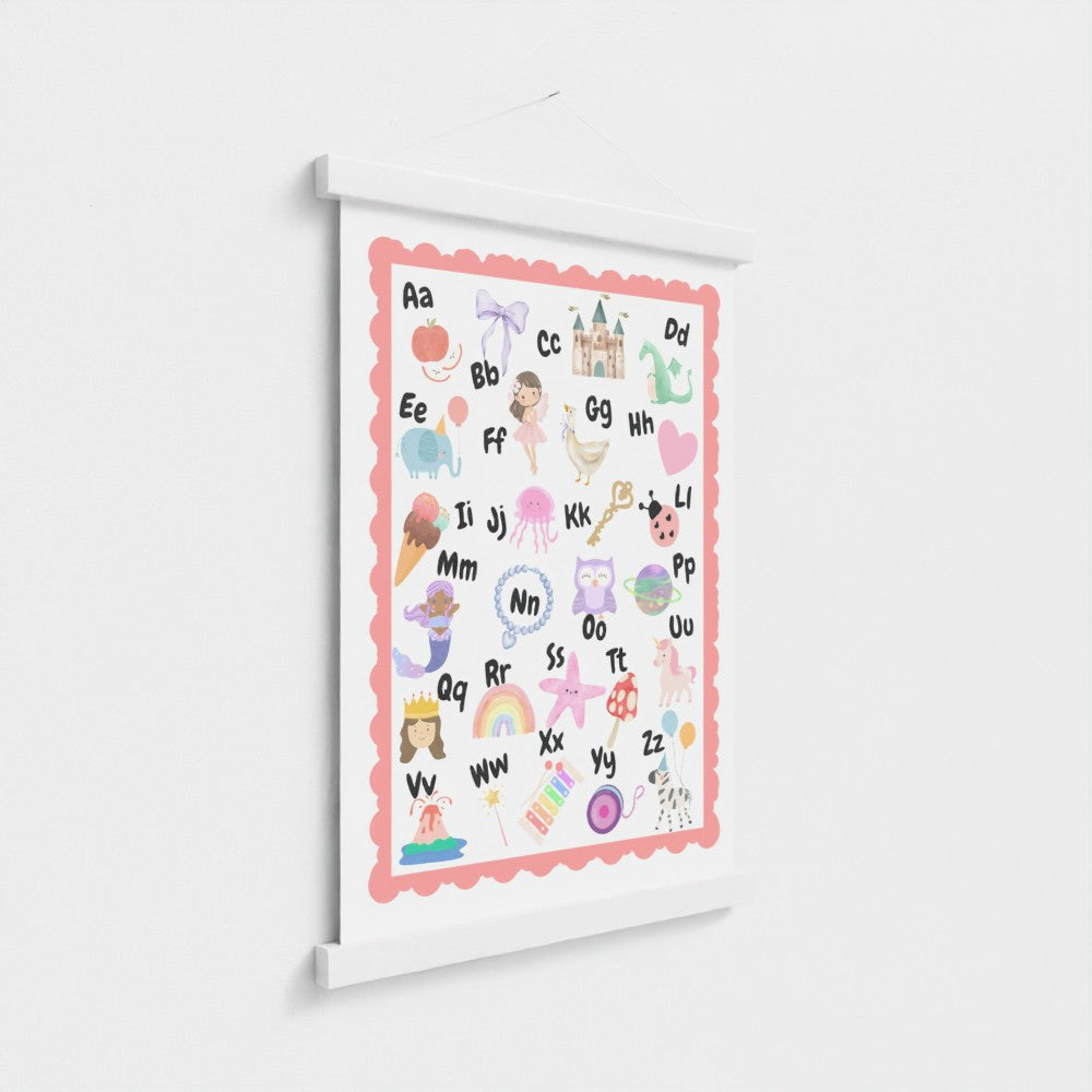 ABC Alphabet Nursery Wall Art – Print & Wooden Hanger Pink