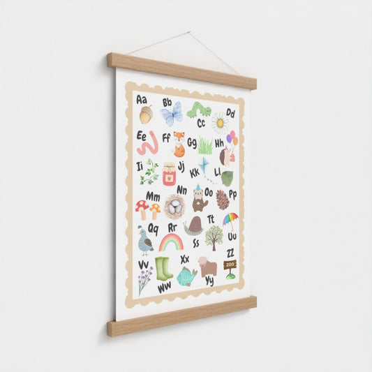 ABC Alphabet Nursery Wall Art – Print & Wooden Hanger Beige