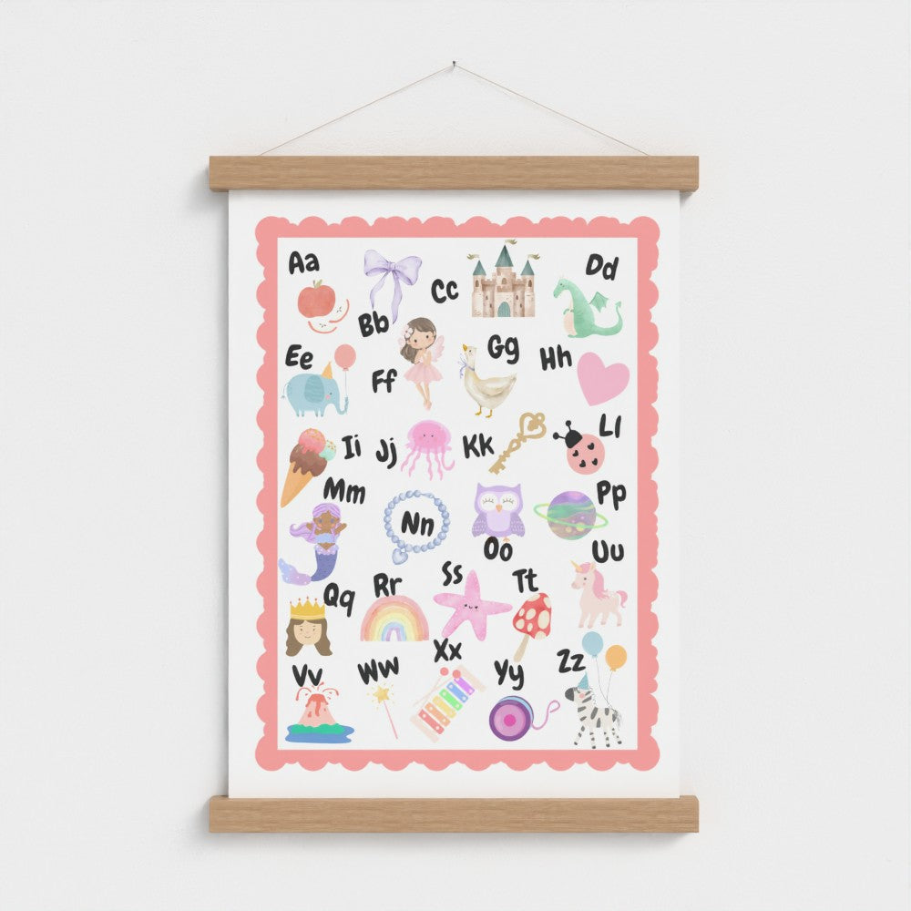 ABC Alphabet Nursery Wall Art – Print & Wooden Hanger Pink