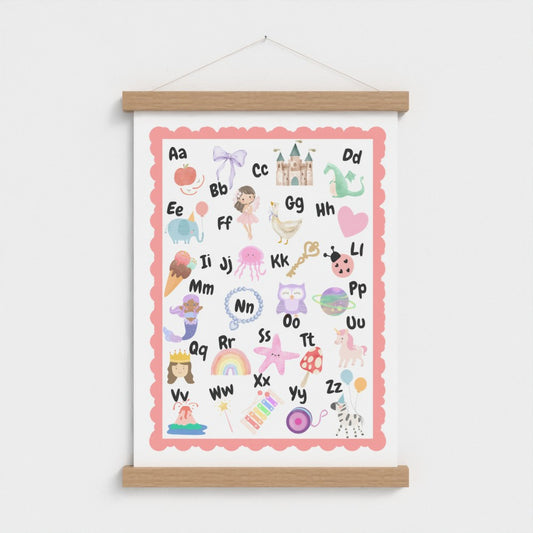 ABC Alphabet Nursery Wall Art – Print & Wooden Hanger Pink
