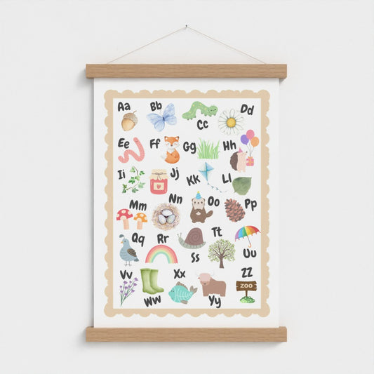 ABC Alphabet Nursery Wall Art – Print & Wooden Hanger Beige