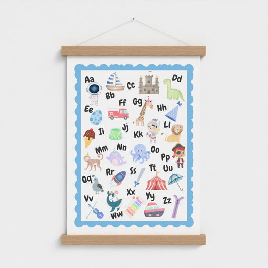 ABC Alphabet Nursery Wall Art – Print & Wooden Hanger Blue