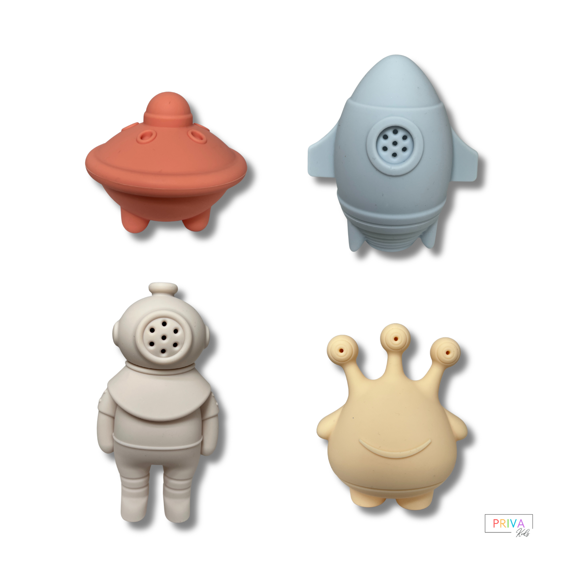 Space-themed silicone bath toy set for kids – includes rocket, UFO, astronaut, and alien in soft pastel colors. Fun water play Squirter set. Mould free two piece design for easy cleaning. 