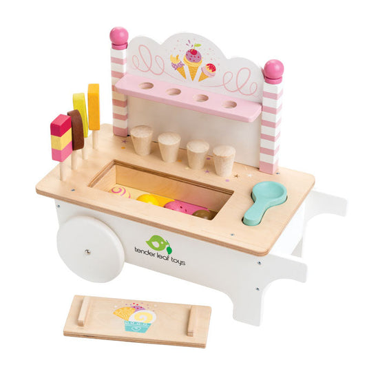 Wooden toy ice cream cart with various accessories on a white background, featuring the Tender Leaf Toys brand.