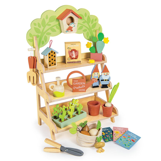 Wooden gardening set with shelves, plants, and tools on a white background