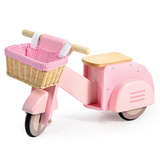 Wooden Pink Ride-On Scooter With Basket– Toddler Balance & Pretend Play Toy