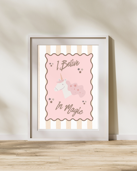 “I Believe in Magic” Unicorn Wall Art – Soft Pink Nursery Print (Digital Download)