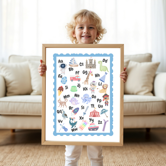 ABC Adventures Alphabet Poster Blue– Cute Educational Wall Art for Kids, Nursery & Playroom Decor