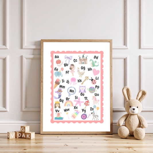 ABC Adventures Alphabet Poster Pink– Cute Educational Wall Art for Kids, Nursery & Playroom Decor