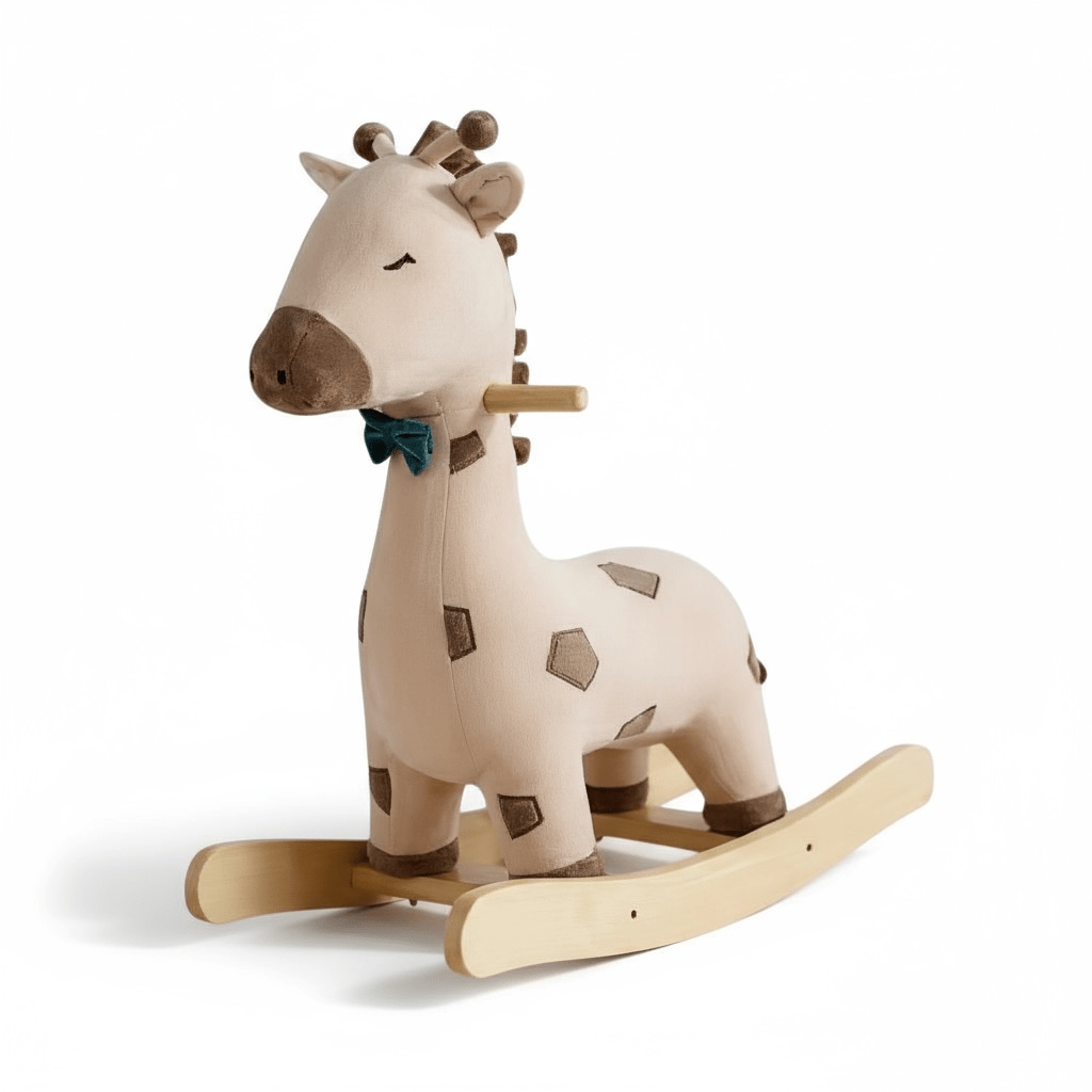 Wooden rocking giraffe toy on a white background