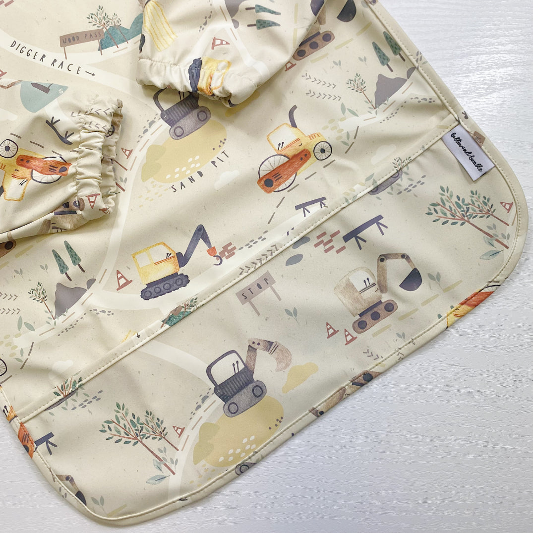Long Sleeved Baby Bib - Digger Land Print